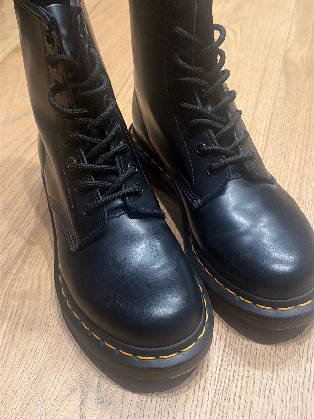 Dr. Martens Black Leather Lace-Up Platform Boots with Yellow Stitching - Picture 3 of 7